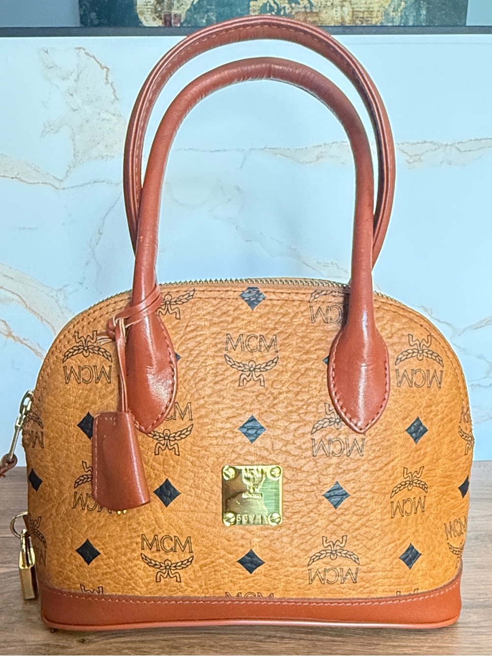 MCM Cognac Visetos Dome Satchel in Tan and Brown